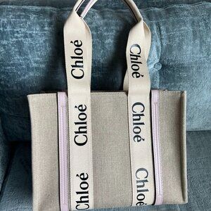 CHLOE small Woody tote bag in linen - Lavender